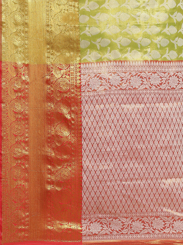 Green Brocade Woven Zari Design Floral Saree with Unstitched Blouse - Hiral Fashion | Swadesiicart