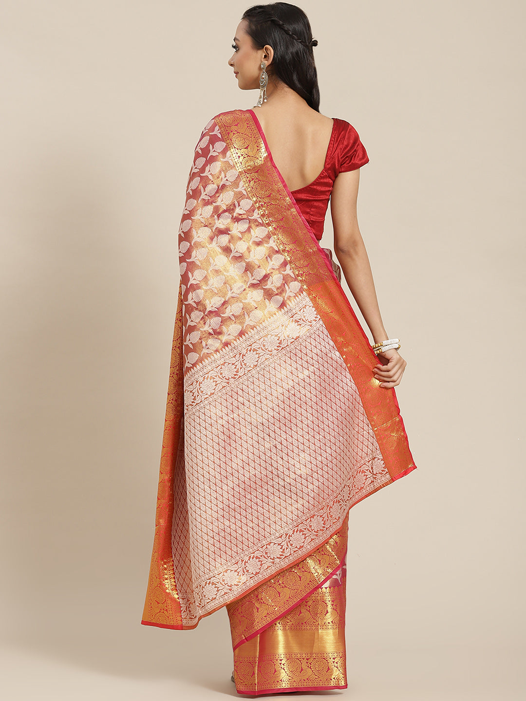 Pink Brocade Woven Zari Design Floral Saree with Unstitched Blouse - Hiral Fashion | Swadesiicart