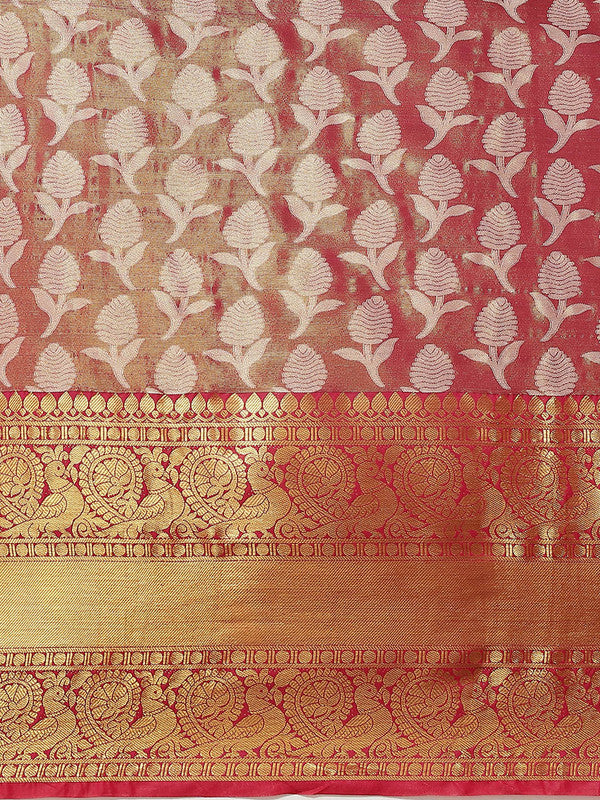 Pink Brocade Woven Zari Design Floral Saree with Unstitched Blouse - Hiral Fashion | Swadesiicart