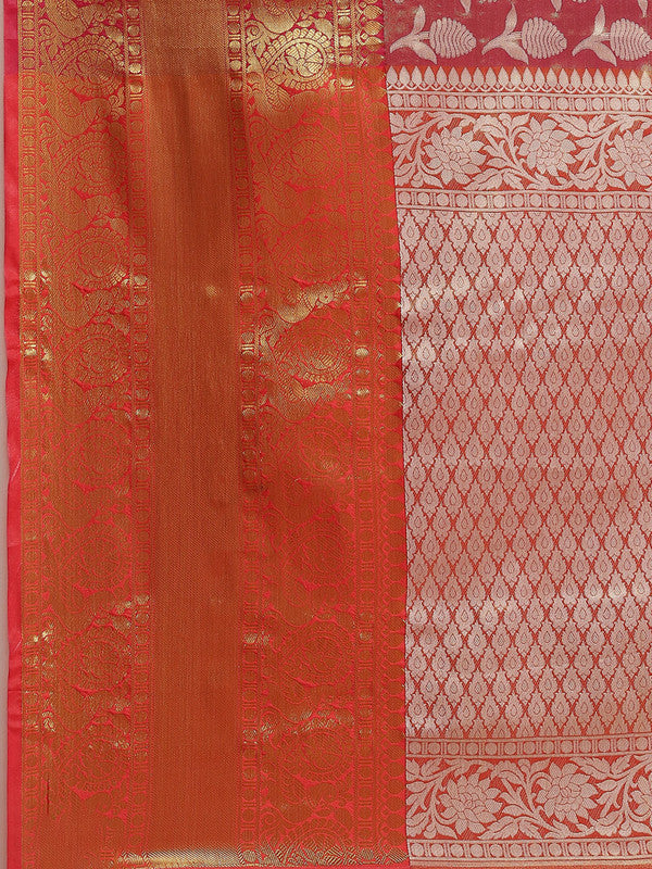 Pink Brocade Woven Zari Design Floral Saree with Unstitched Blouse - Hiral Fashion | Swadesiicart