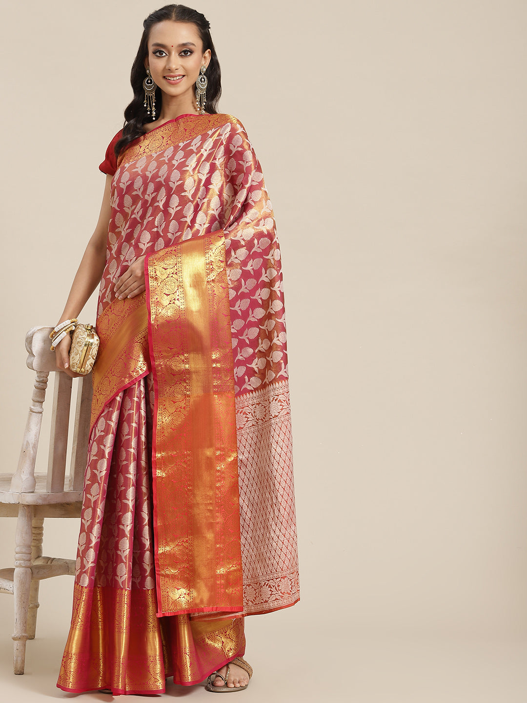 Pink Brocade Woven Zari Design Floral Saree with Unstitched Blouse - Hiral Fashion | Swadesiicart