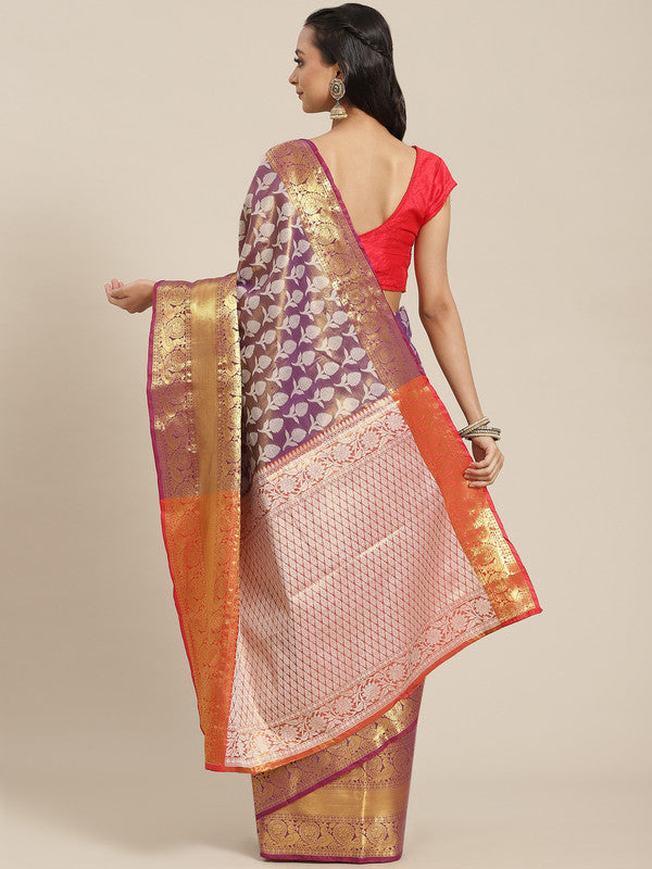 Purple Brocade Woven Zari Design Floral Saree with Unstitched Blouse - Hiral Fashion | Swadesiicart