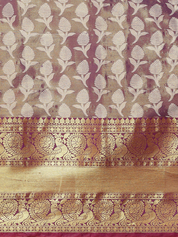 Purple Brocade Woven Zari Design Floral Saree with Unstitched Blouse - Hiral Fashion | Swadesiicart
