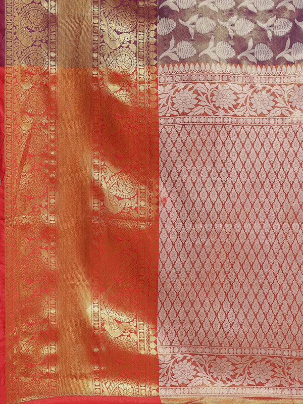 Purple Brocade Woven Zari Design Floral Saree with Unstitched Blouse - Hiral Fashion | Swadesiicart