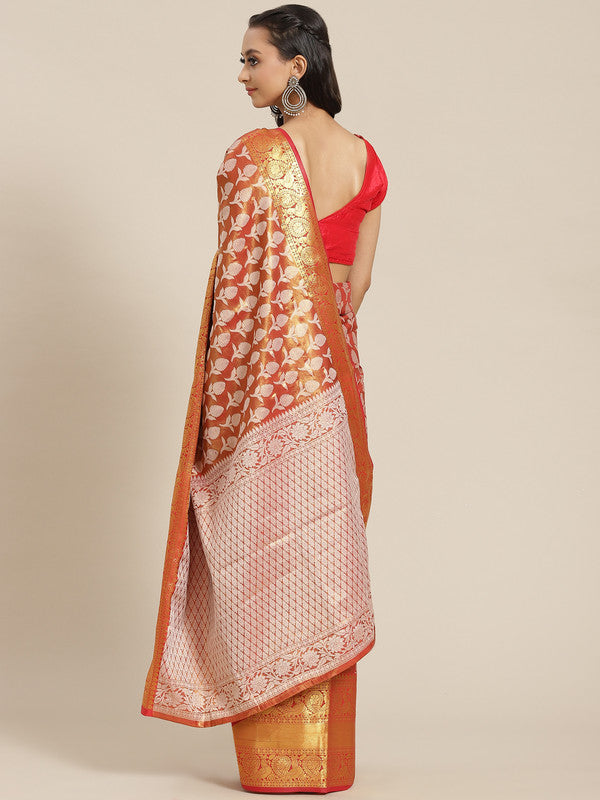 Red Brocade Woven Zari Design Floral Saree with Unstitched Blouse - Hiral Fashion | Swadesiicart