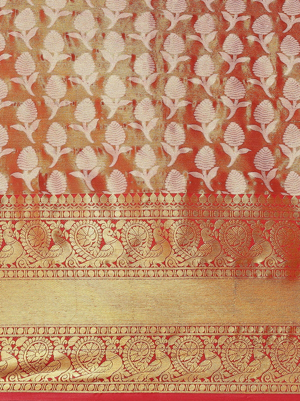 Red Brocade Woven Zari Design Floral Saree with Unstitched Blouse - Hiral Fashion | Swadesiicart
