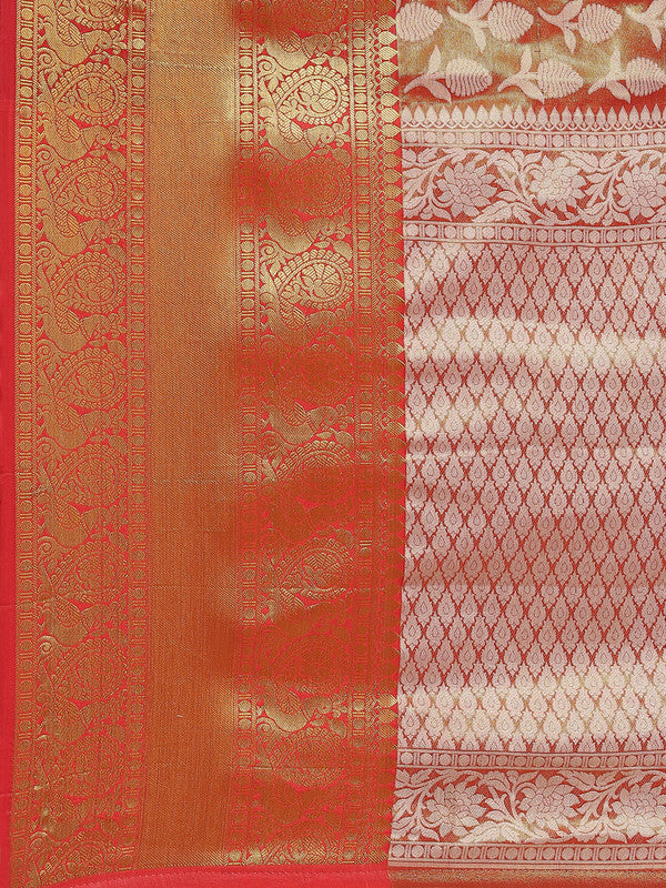 Red Brocade Woven Zari Design Floral Saree with Unstitched Blouse - Hiral Fashion | Swadesiicart