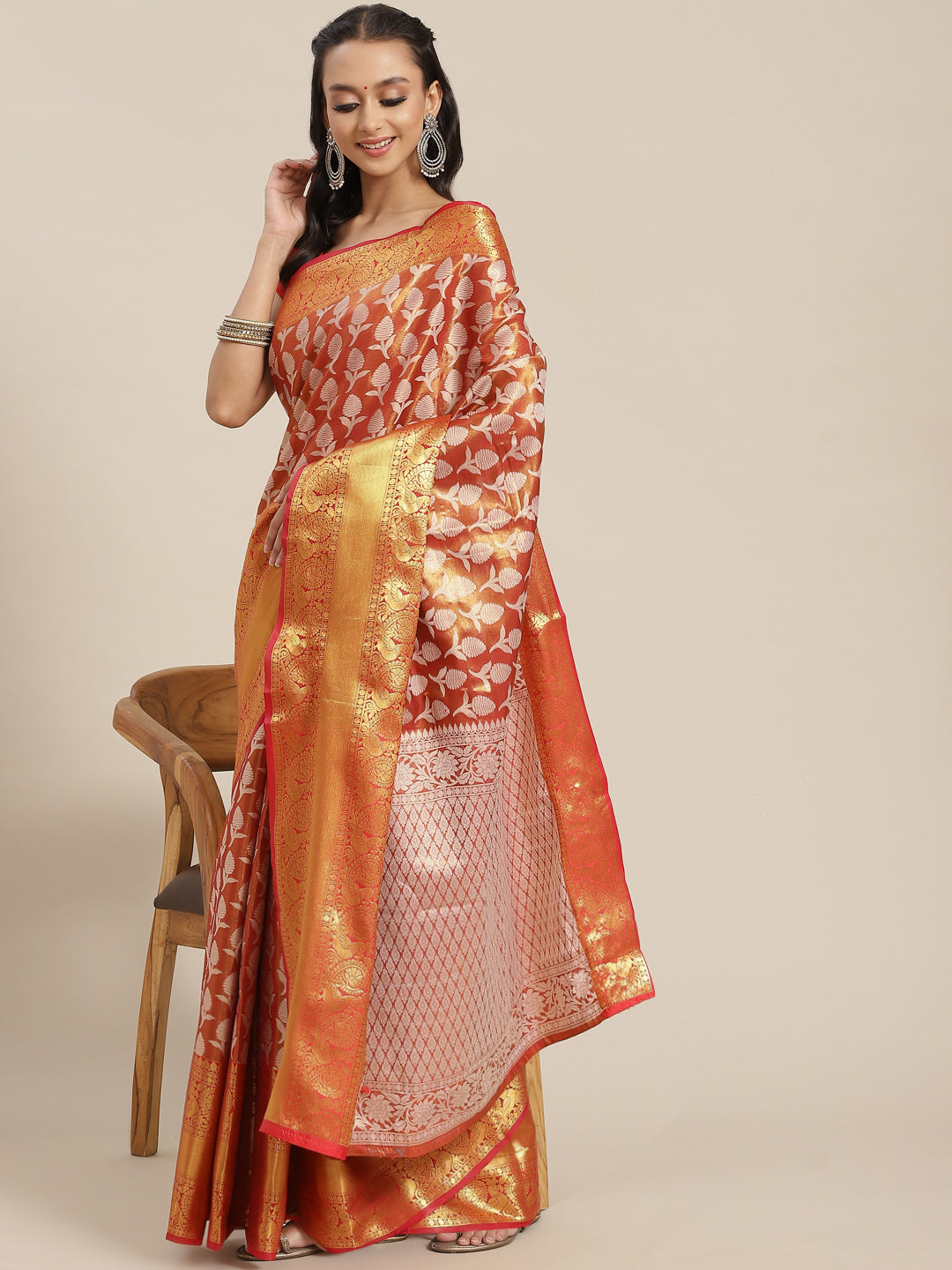 Red Brocade Woven Zari Design Floral Saree with Unstitched Blouse - Hiral Fashion | Swadesiicart