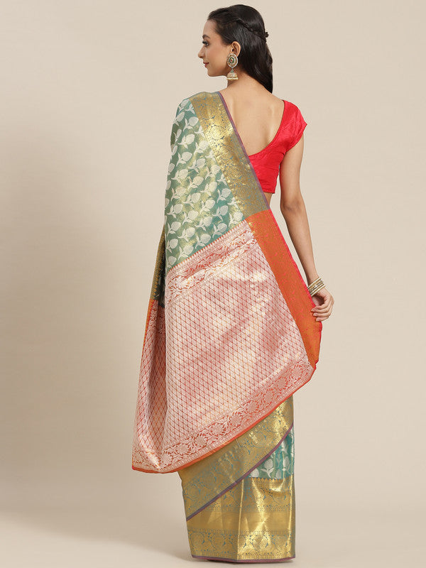 Turquoise Brocade Woven Zari Design Floral Saree with Unstitched Blouse - Hiral Fashion | Swadesiicart