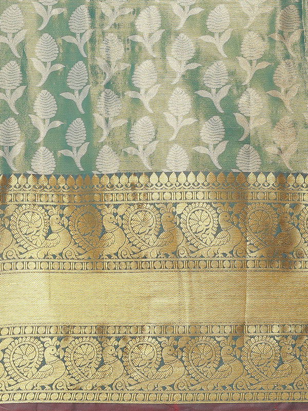 Turquoise Brocade Woven Zari Design Floral Saree with Unstitched Blouse - Hiral Fashion | Swadesiicart