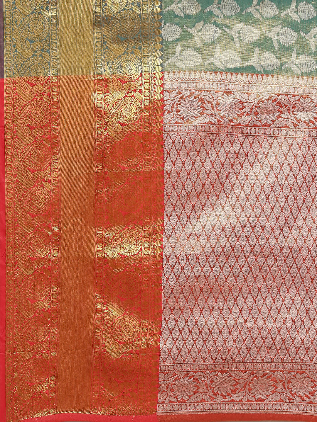 Turquoise Brocade Woven Zari Design Floral Saree with Unstitched Blouse - Hiral Fashion | Swadesiicart