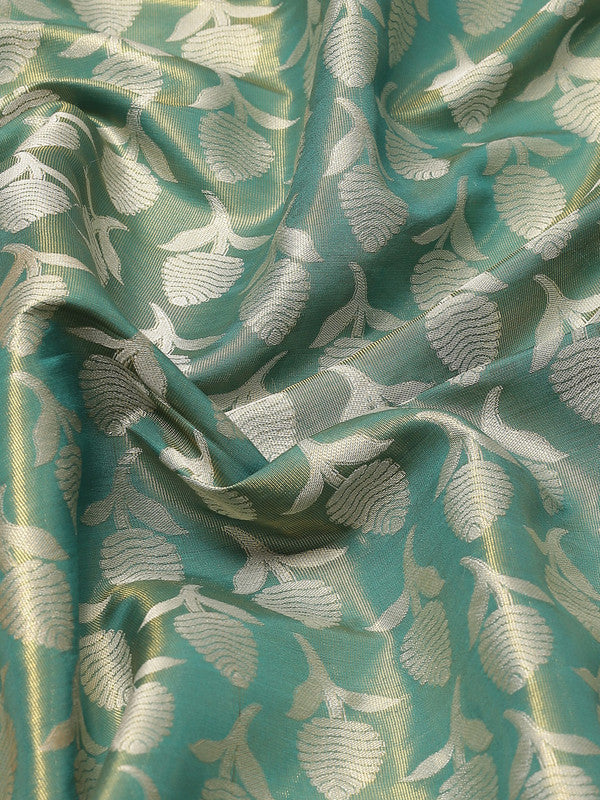 Turquoise Brocade Woven Zari Design Floral Saree with Unstitched Blouse - Hiral Fashion | Swadesiicart
