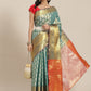 Turquoise Brocade Woven Zari Design Floral Saree with Unstitched Blouse - Hiral Fashion | Swadesiicart