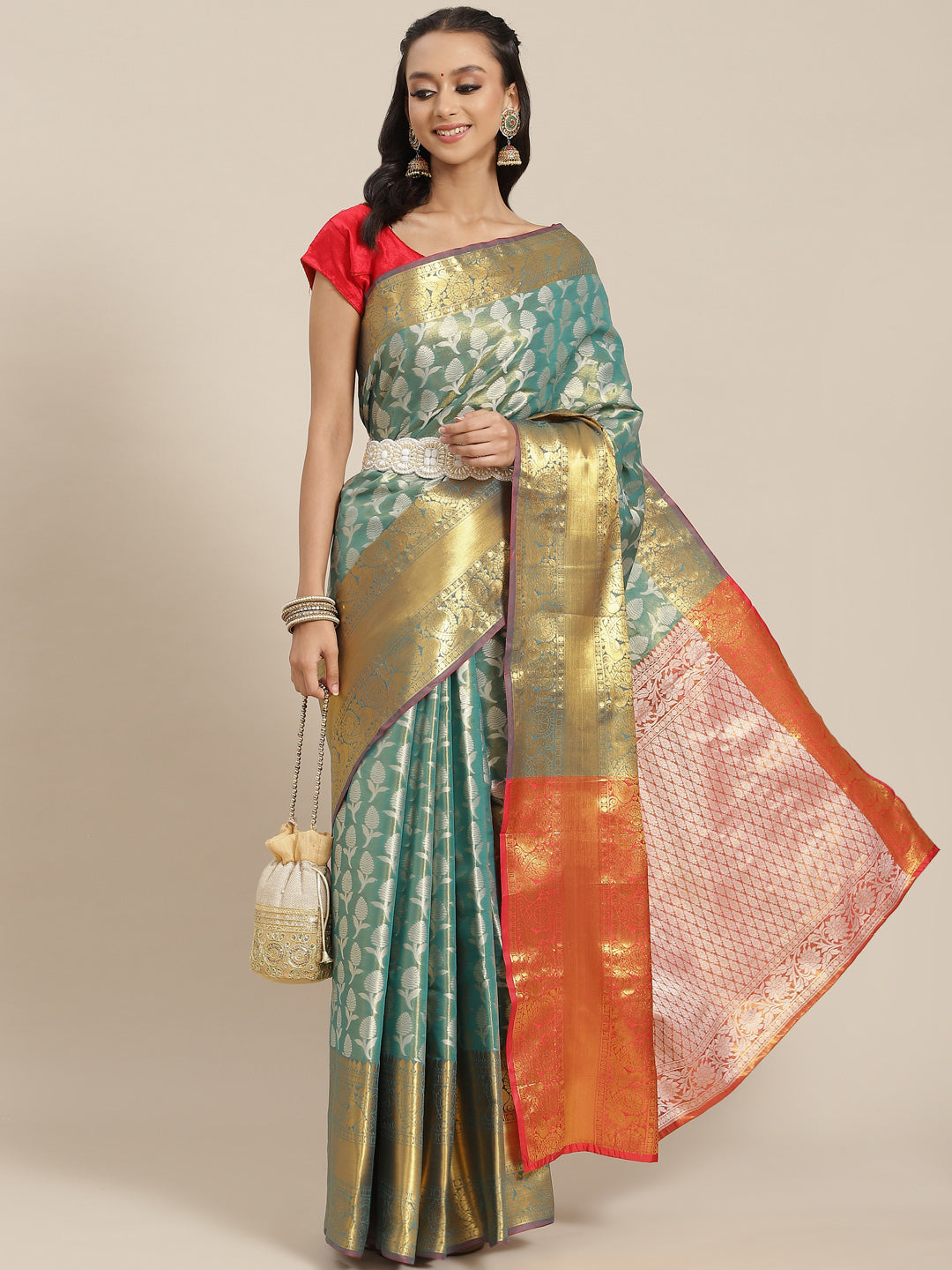 Turquoise Brocade Woven Zari Design Floral Saree with Unstitched Blouse - Hiral Fashion | Swadesiicart