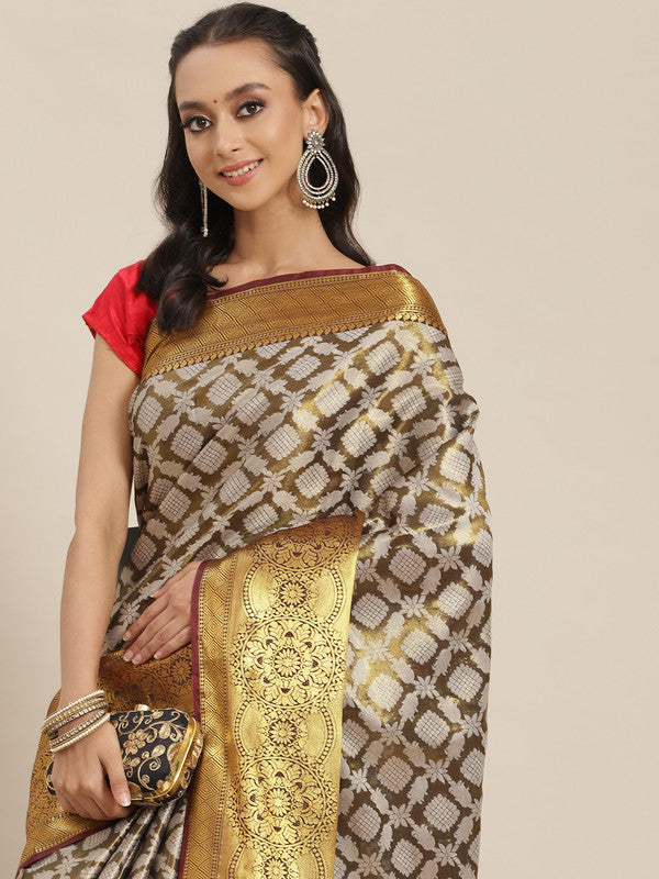 Black Brocade Woven Zari Design Floral Saree with Unstitched Blouse - Hiral Fashion | Swadesiicart