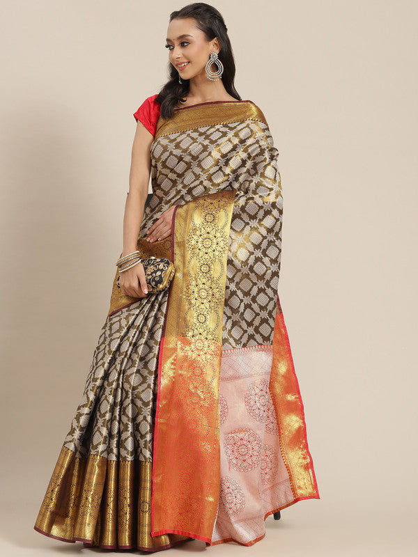 Black Brocade Woven Zari Design Floral Saree with Unstitched Blouse - Hiral Fashion | Swadesiicart