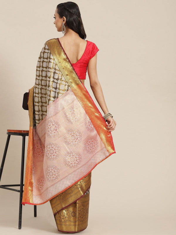 Black Brocade Woven Zari Design Floral Saree with Unstitched Blouse - Hiral Fashion | Swadesiicart