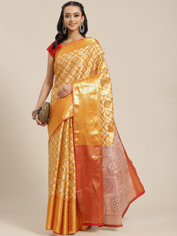 Mustard Brocade Woven Zari Design Floral Saree with Unstitched Blouse - Hiral Fashion | Swadesiicart