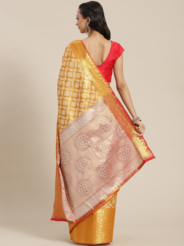 Mustard Brocade Woven Zari Design Floral Saree with Unstitched Blouse - Hiral Fashion | Swadesiicart