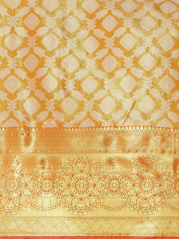 Mustard Brocade Woven Zari Design Floral Saree with Unstitched Blouse - Hiral Fashion | Swadesiicart