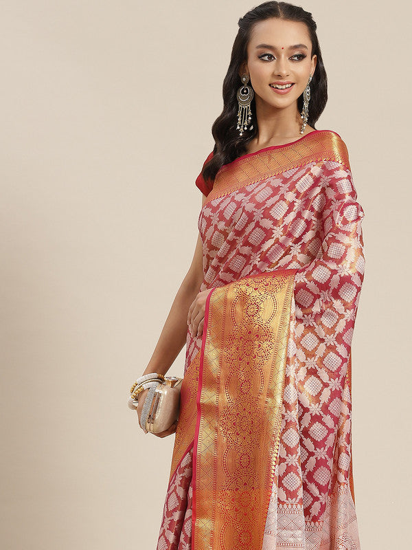 Pink Brocade Woven Zari Design Floral Saree with Unstitched Blouse - Hiral Fashion | Swadesiicart