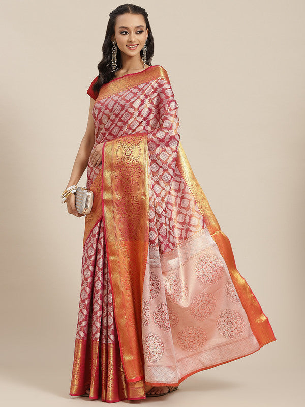 Pink Brocade Woven Zari Design Floral Saree with Unstitched Blouse - Hiral Fashion | Swadesiicart