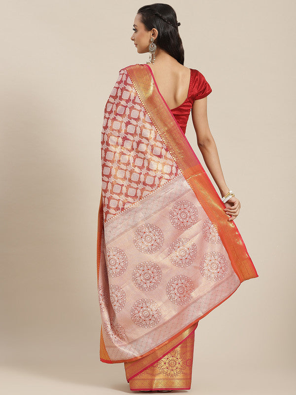 Pink Brocade Woven Zari Design Floral Saree with Unstitched Blouse - Hiral Fashion | Swadesiicart