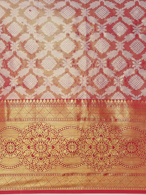 Pink Brocade Woven Zari Design Floral Saree with Unstitched Blouse - Hiral Fashion | Swadesiicart