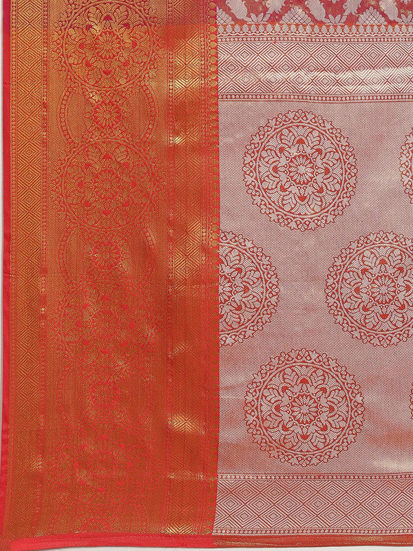 Pink Brocade Woven Zari Design Floral Saree with Unstitched Blouse - Hiral Fashion | Swadesiicart