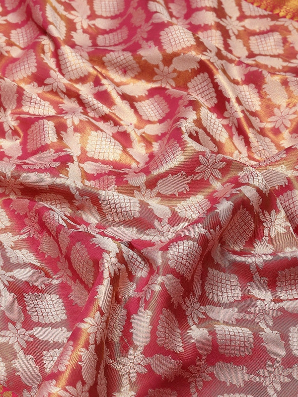 Pink Brocade Woven Zari Design Floral Saree with Unstitched Blouse - Hiral Fashion | Swadesiicart