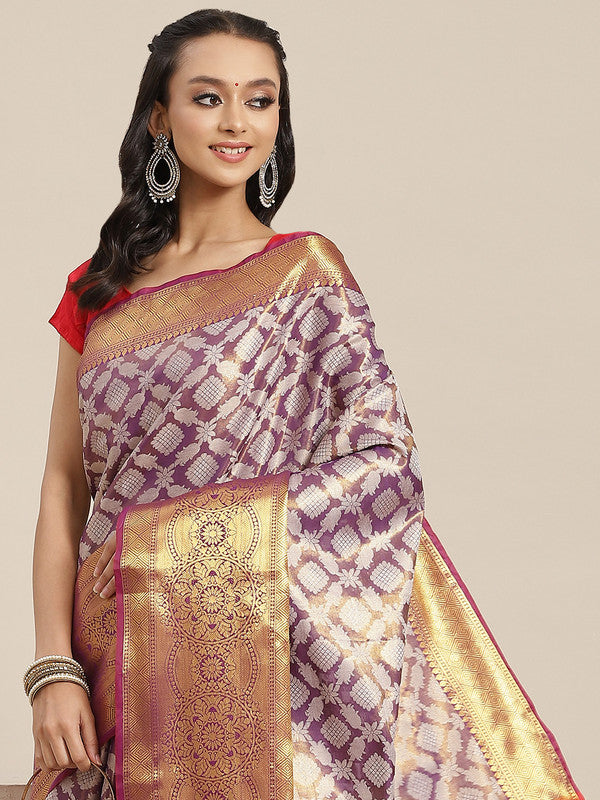Purple Brocade Woven Zari Design Floral Saree with Unstitched Blouse - Hiral Fashion | Swadesiicart
