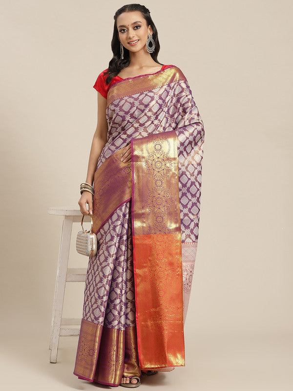 Purple Brocade Woven Zari Design Floral Saree with Unstitched Blouse - Hiral Fashion | Swadesiicart