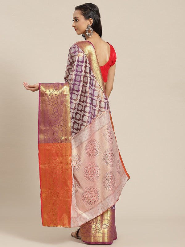 Purple Brocade Woven Zari Design Floral Saree with Unstitched Blouse - Hiral Fashion | Swadesiicart