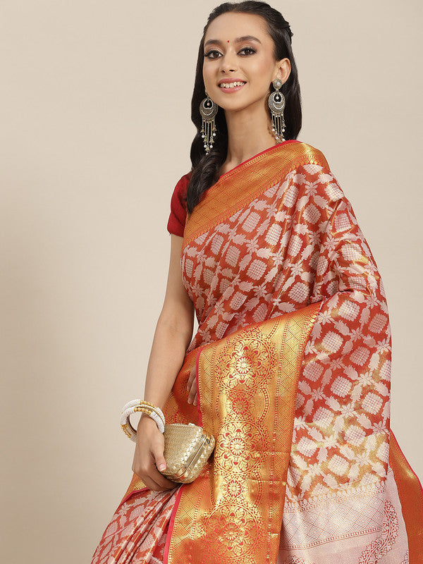 Red Brocade Woven Zari Design Floral Saree with Unstitched Blouse - Hiral Fashion | Swadesiicart