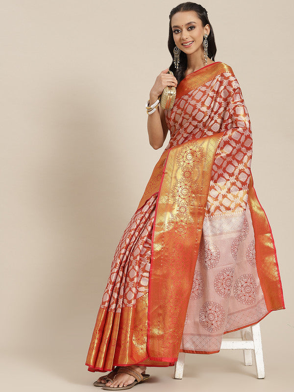 Red Brocade Woven Zari Design Floral Saree with Unstitched Blouse - Hiral Fashion | Swadesiicart
