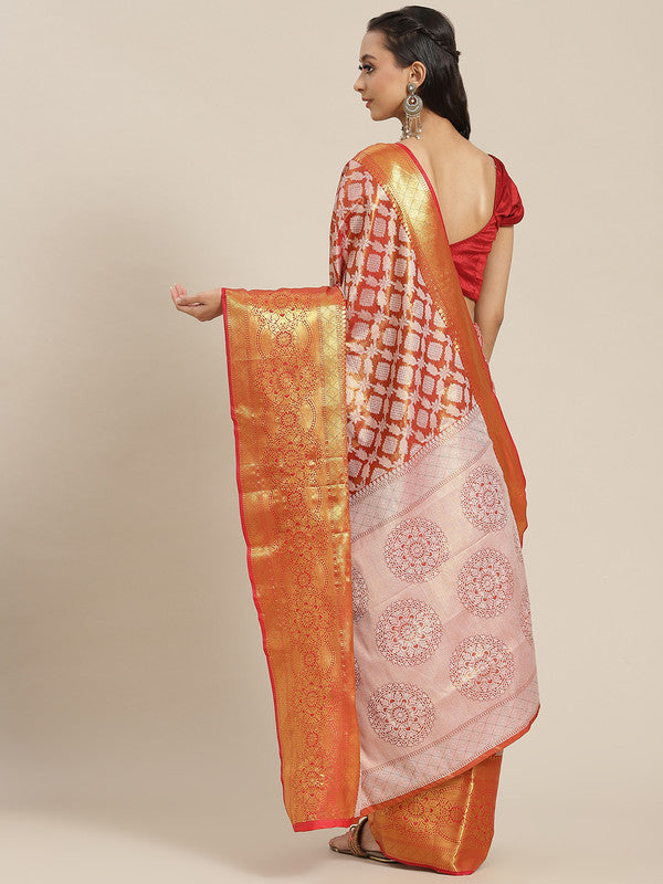 Red Brocade Woven Zari Design Floral Saree with Unstitched Blouse - Hiral Fashion | Swadesiicart