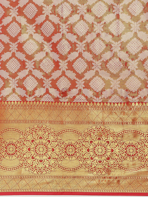 Red Brocade Woven Zari Design Floral Saree with Unstitched Blouse - Hiral Fashion | Swadesiicart