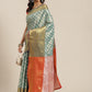 Turquoise Brocade Woven Zari Design Floral Saree with Unstitched Blouse - Hiral Fashion | Swadesiicart