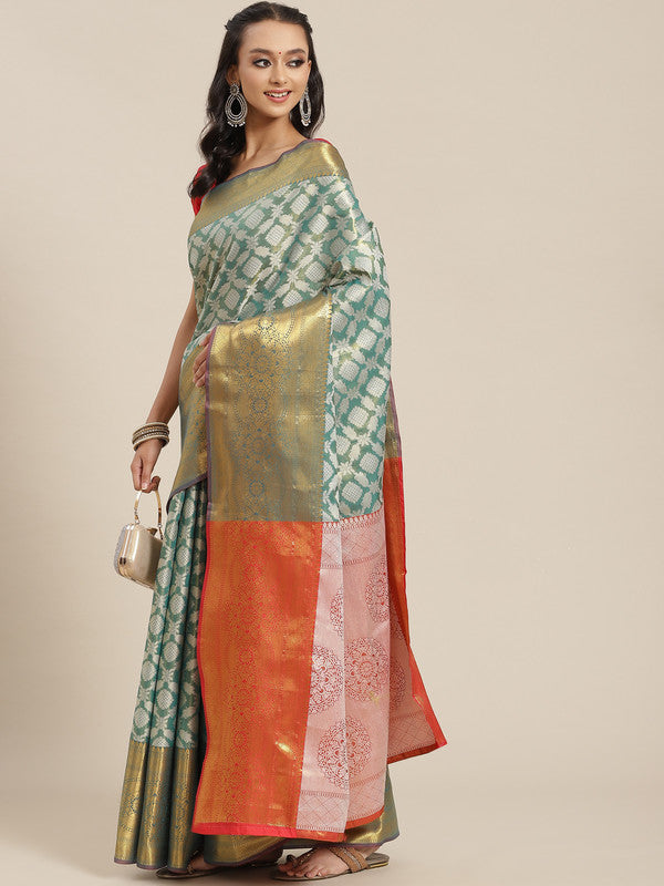 Turquoise Brocade Woven Zari Design Floral Saree with Unstitched Blouse - Hiral Fashion | Swadesiicart