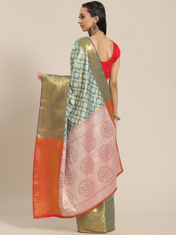 Turquoise Brocade Woven Zari Design Floral Saree with Unstitched Blouse - Hiral Fashion | Swadesiicart