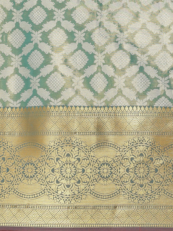 Turquoise Brocade Woven Zari Design Floral Saree with Unstitched Blouse - Hiral Fashion | Swadesiicart