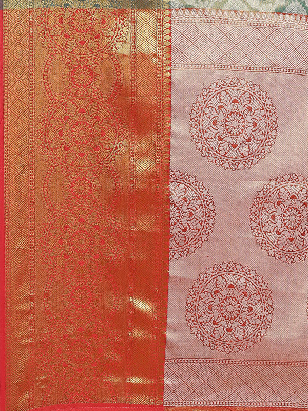 Turquoise Brocade Woven Zari Design Floral Saree with Unstitched Blouse - Hiral Fashion | Swadesiicart