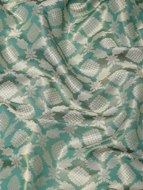 Turquoise Brocade Woven Zari Design Floral Saree with Unstitched Blouse - Hiral Fashion | Swadesiicart