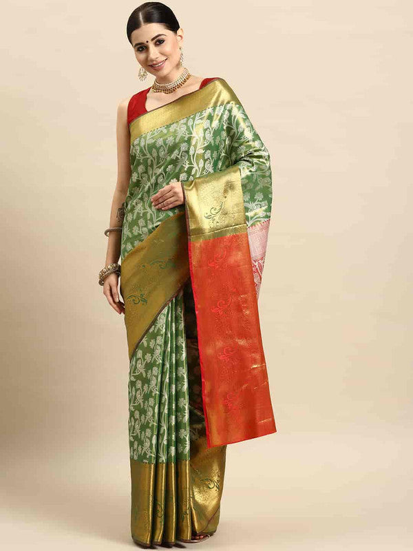 Green Brocade Woven Zari Design Floral Saree with Unstitched Blouse - Hiral Fashion | Swadesiicart