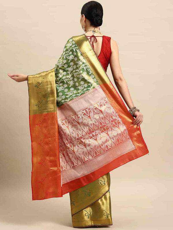 Green Brocade Woven Zari Design Floral Saree with Unstitched Blouse - Hiral Fashion | Swadesiicart