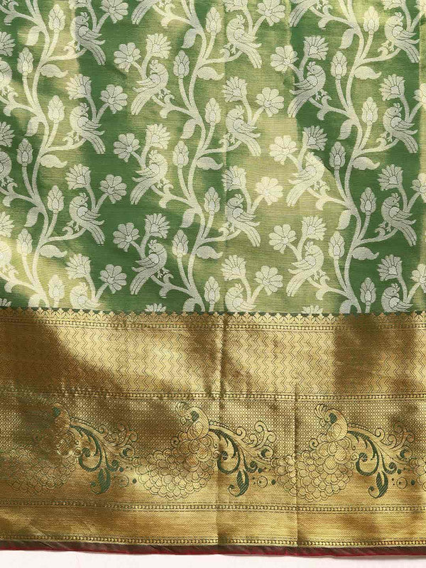 Green Brocade Woven Zari Design Floral Saree with Unstitched Blouse - Hiral Fashion | Swadesiicart