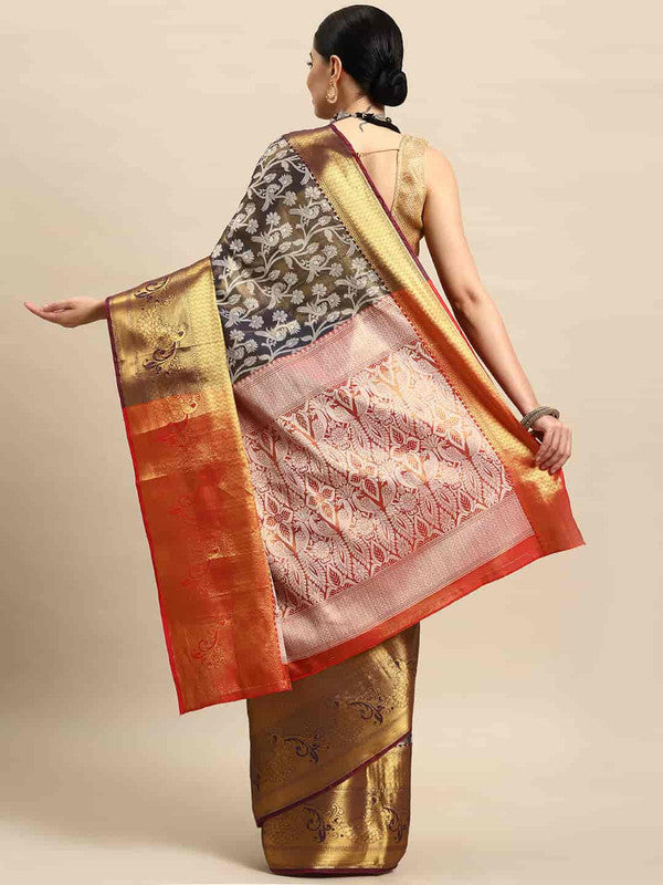 Navy Blue Brocade Woven Zari Design Floral Saree with Unstitched Blouse - Hiral Fashion | Swadesiicart