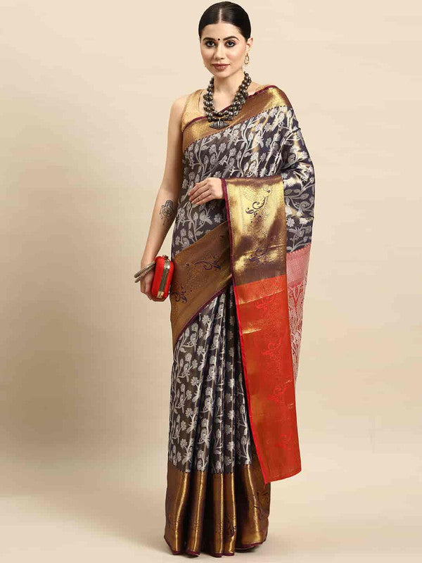 Navy Blue Brocade Woven Zari Design Floral Saree with Unstitched Blouse - Hiral Fashion | Swadesiicart