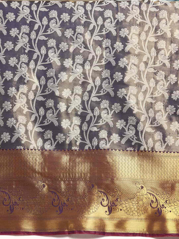 Navy Blue Brocade Woven Zari Design Floral Saree with Unstitched Blouse - Hiral Fashion | Swadesiicart