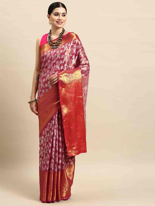 Pink Brocade Woven Zari Design Floral Saree with Unstitched Blouse - Hiral Fashion | Swadesiicart